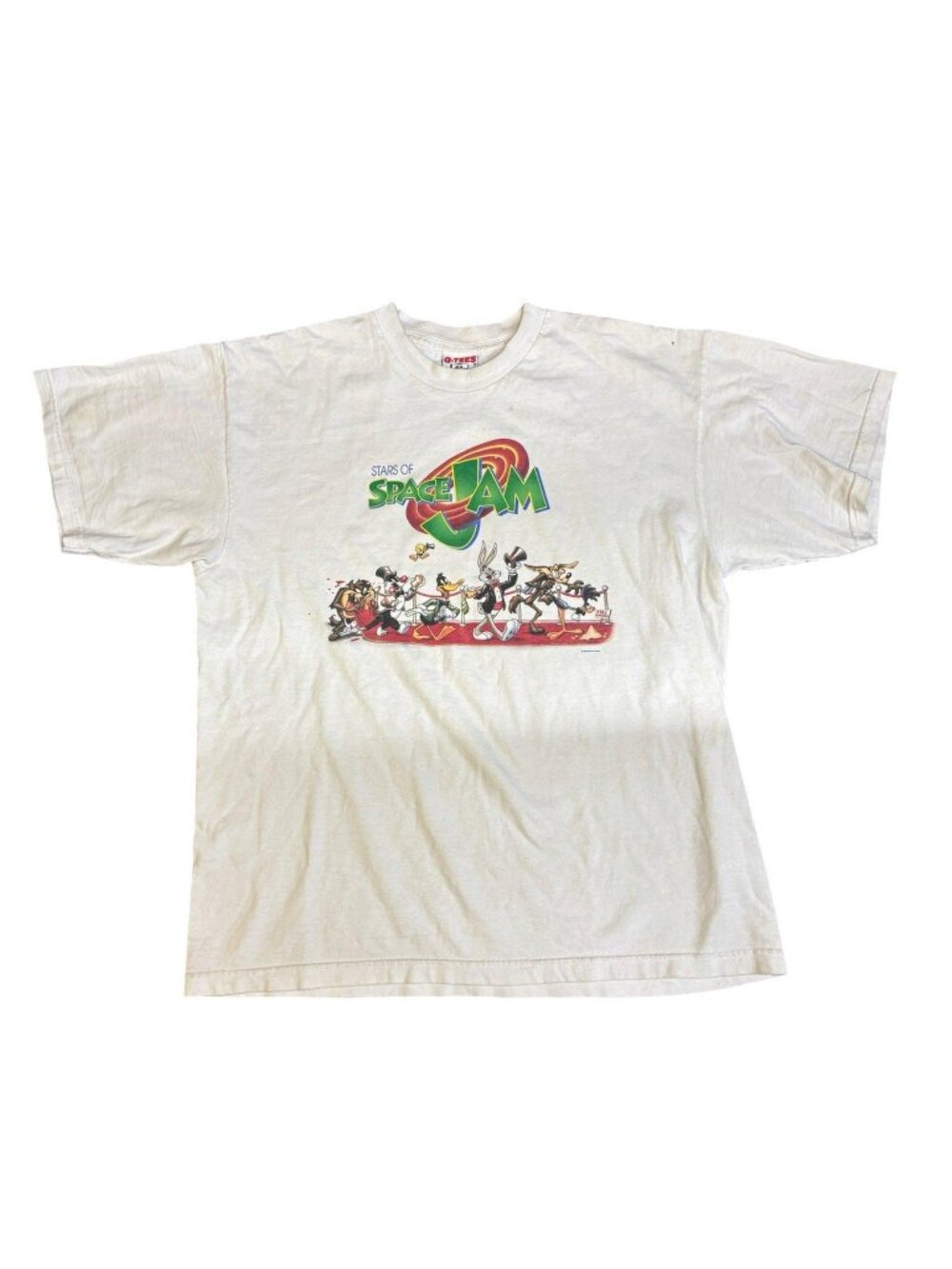 Vtg Q-Tees 1996 Looney Tunes Space Jam Promo SS White T-Shir